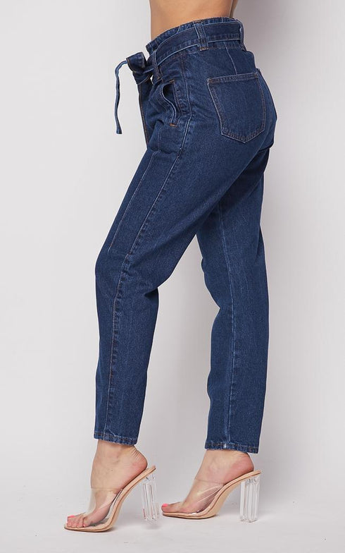 Belted Front Tie Denim Mom Jeans in Dark Denim - SohoGirl.com